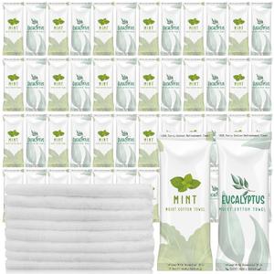 Timgle 50 Pcs Moist Towelettes Individually Wrapped Scented Disposable Face Towels Essential Oil Infused Moist Terry Cotton Towel for Use Hot or Cold Travel Body Spa(Mint, Eucalyptus Leaves)