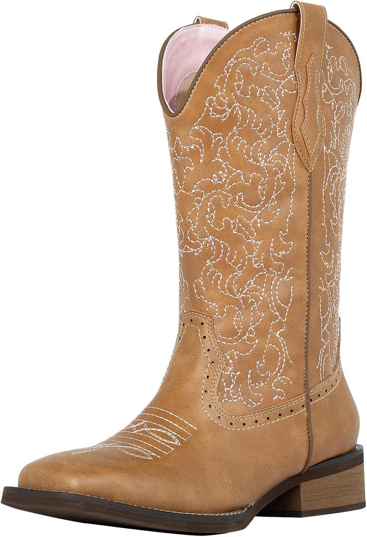 SheSole Cowboy Boots For Women Wide Square Toe Mid Calf Ladies Western Cowgirl Boots (US 8, Brown)