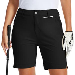 MoFiz Women's 7" Golf Shorts UPF 50+ Water-Resistant Hiking Shorts Lightweight Outdoor Stretchy Athletic Shorts (Black, XXL)
