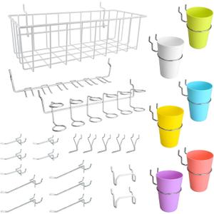 G.CORE Pegboard Accessories with Baskets Cups Hooks - 1/8" & 1/4" Peg Board Wall Tool Organizers, White Basket Colorful Bins 26PC Utility Holders & Hangers for Garage Craft Workbench Kitchen Office