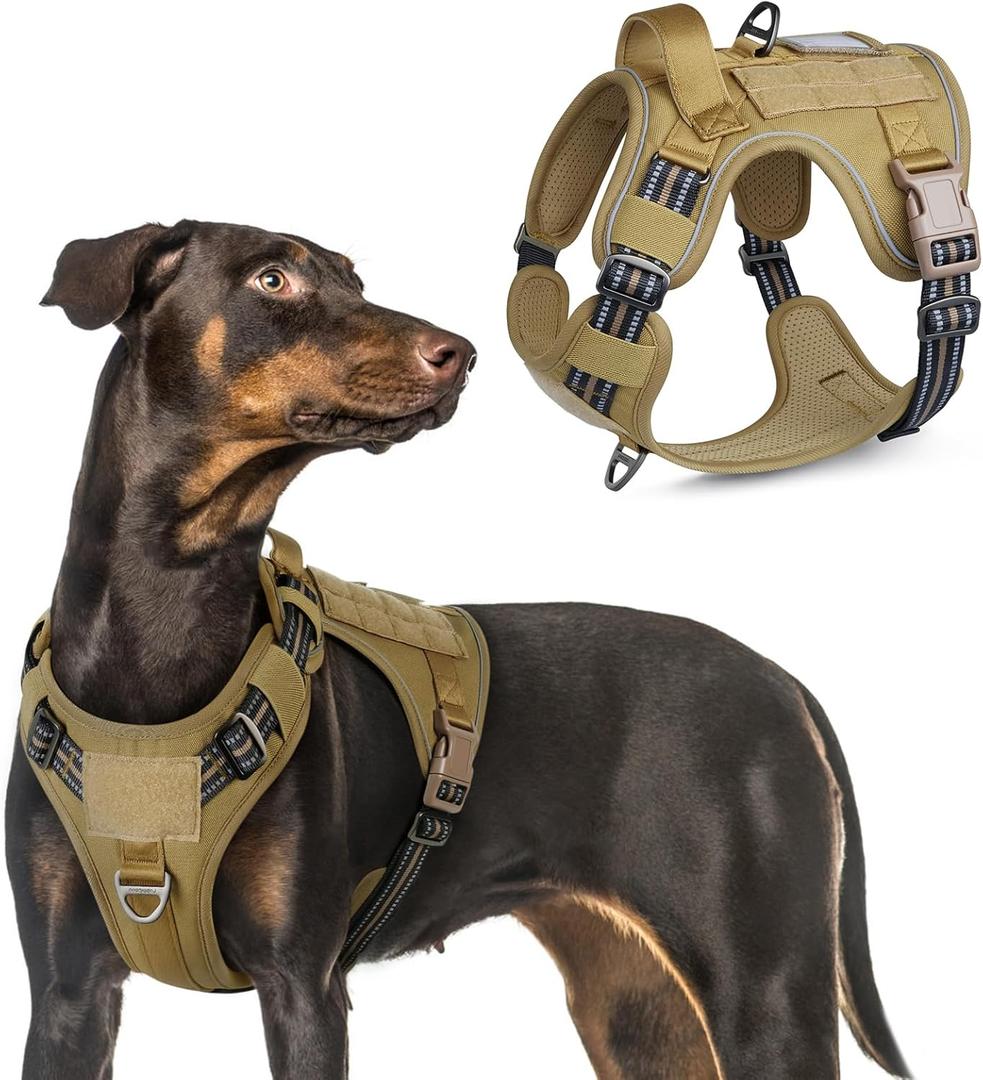 rabbitgoo Tactical Dog Harness for Large Dogs, No Pull Military Service Vest with Handle & Molle, Easy Control for Training Walking, Adjustable Reflective Straps, Brown, L