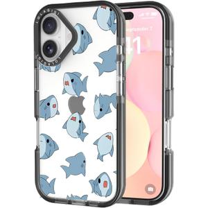 Case for iPhone 16, Cute Blue Sharks Kawaii Funny Design Girly Aesthetic Cartoon Pattern for Women Girls Teens Transparent Acrylic Hard Case,6.1"