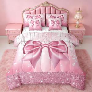 Feelyou Kids Pink Bowknot 7 Pieces Bedding Set King Size, Dreamy Princess Comforter Set with Sheets Boys Girls Glitter Bed in A Bag Watercolor Bow Teens Bed Set Bedroom Decor 7Pcs