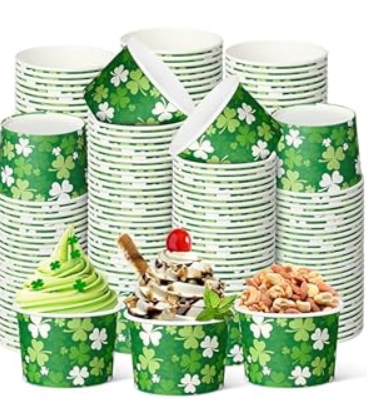 Maxdotw St. Patrick's Day Shamrock Ice Cream Paper Cups 9oz Spring Disposable Snack Cups Decorative Paper Dessert Bowls Party Supplies for Yogurt, Cupcakes, Soup Hot Cold Food