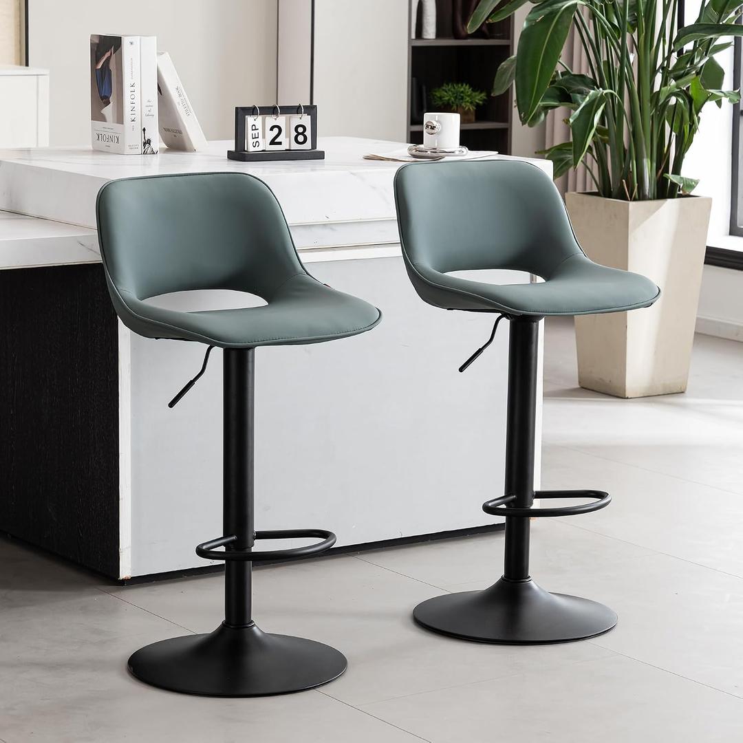 YOUNIKE Bar Stools Set of 2 Modern Swivel Barstools, Adjustable Counter Height Bar Stools Faux Leather Upholstered Counter Stools with Hollow Back for Kitchen Island, Greyish Green, Large
