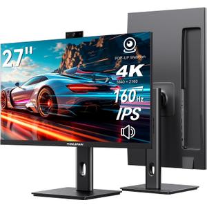 27 Inch 4K Monitor with Webcam - 160Hz UHD 3840x2160 IPS Vertical Gaming Monitor with Pop-Up 3MP Webcam, Speakers & Microphone, HDMI/DP/USB-C, VESA, for Gaming Design Home Office