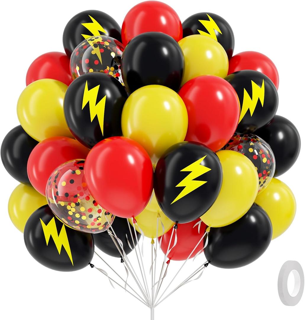 60pcs Black and Yellow Balloons 12inch with Black Print Red Yellow Confetti Balloons for Cartoon Theme Birthday Party Decorations