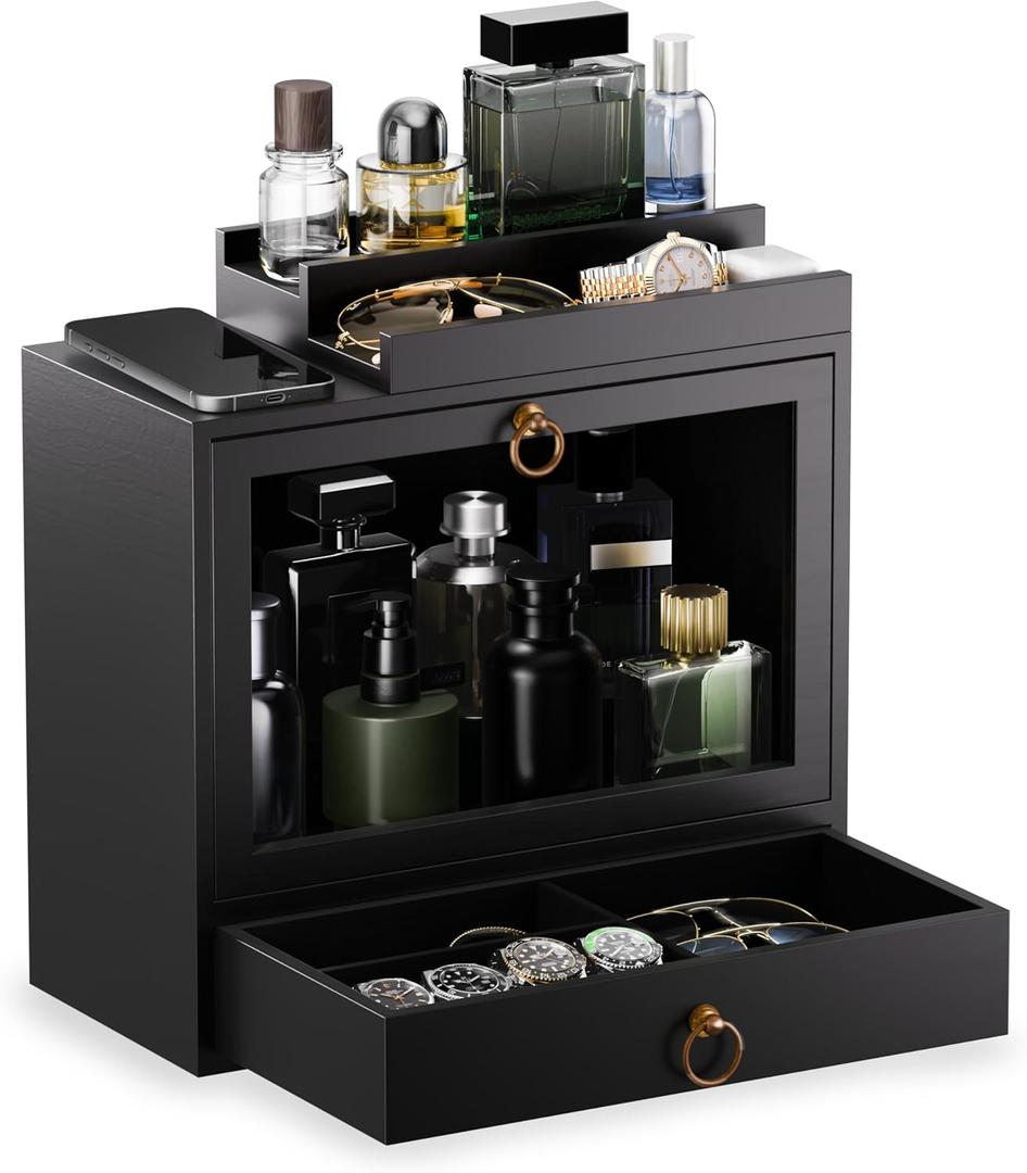 Cologne Organizer for Men  Wooden Perfume Organizer with Magnetic Removable Top Stand, Large Drawer, Velvet-Lined Display Case - Black Cologne Holder for Vanity, Dresser Storage - Gift for Men
