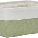 DULLEMELO Small Storage Basket, Fabric Collapsible Gift Storage Basket for Shelves, Closets, Nursery, Home, Office Organizing, Small Canvas Linen Rectangular Storage Bin with Handles (White&Green) (Small-11.8"x7.9"x5.1")