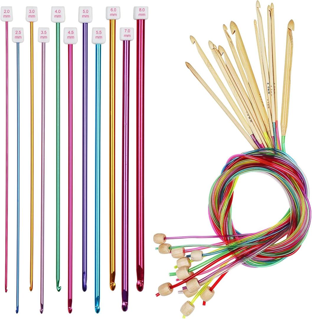 Aeelike Tunisian Crochet Hook Set - 11pcs Afghan Long Crochet Hooks 2-8 mm Aluminum & 12pcs Bamboo Hooks 3-10 mm with Plastic Cable, Colorful