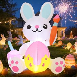 GOOSH 5 FT Easter Inflatables Bunny Outdoor Decorations Cute Rabbit Draw Easter Eggs Blow Up Yard Decorations Easter Decor with Built-in LED Lights for Holiday Indoor Lawn Garden