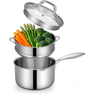 Tri-Ply Stainless Steel Sauce Pan with Steamer Basket & Strainer Glass LidMulti-Function Pot 3.5 QT- Modern Sleek DesignSafe,Chemical-Free& Stylish CookwareUpgrade Your Kitchen with Healthy Cooking