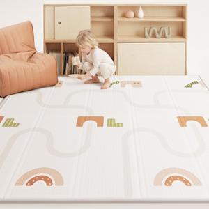 Baby Play Mat Foldable Baby Floor Play Mat 0.6" Thick Soft Foam Playmat for Babies Reversible Waterproof Padded Playmats Portable Baby Crawling Mat for Indoor Outdoor(70"*78"*0.6") (Geometric Tree & Track)