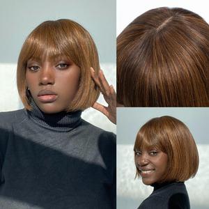 Bob Wig with Bangs Human Hair Natural Black Straight Bob Wig with Very Light Yaki 8 Inch Short Glueless Bob Bang Wig with 2.5"X1" Lace Top (Color P4/30)
