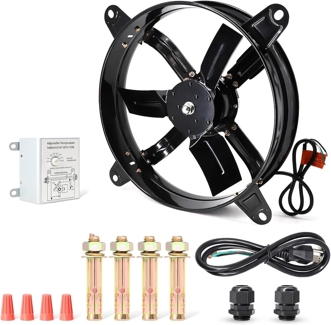 Gable Attic Fan with Thermostat, 16 inch Power Ventilation Fans for Attic Shed Garage Greenhouse Gable Mount Attic Vent Exhaust Fan 1480 RPM,2045 CFM