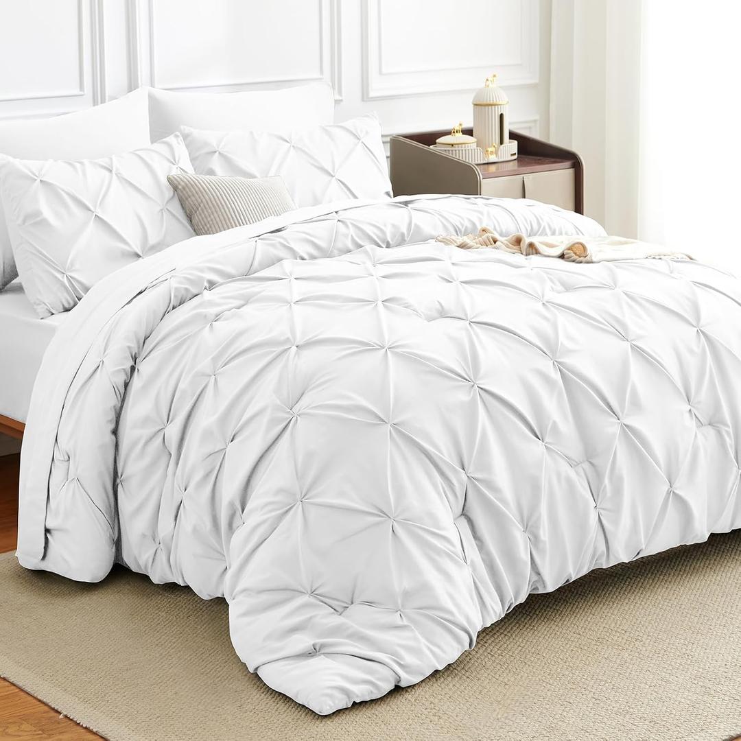 Pintuck Bed in a Bag, 7 Pieces King Size Comforter Set White, Luxury Pinch Pleat Bed in a Bag, Soft All Season Bedding Sets with Comforter, Flat Sheet, Fitted Sheet and Pillowcases & Shams