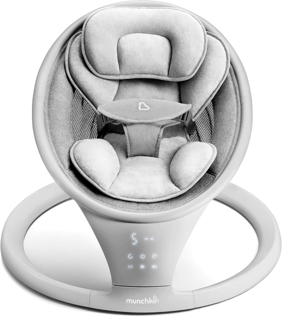 Munchkin Electric Baby Swing with Vibration - Portable Swing for Newborn and Infant, Bluetooth-Enabled Smart Seat with Music, Motion, and Sounds, Light Grey