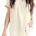 Allimy Women Summer Casual Split V Neckline Chiffon Blouses Loose Tunic Short Sleeve Tops (Beige, S)