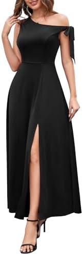 BeryLove Women's Elegant Wedding Guest One Shoulder Bridesmaid Dresses with Tie Strap Flowy Long Formal Dresses 7078 Black L
