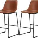 Sweetcrispy Counter Height Bar Stools Set of 2, Modern Counter Stool Faux Leather Barstools with Back, 26 inch Seat Height Island Stools Countertop Comfortable Brown Bar Chairs with Metal Legs