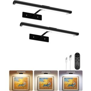 EZVALO Picture Light for Wall, 16'' Black Rechargeable 4800mAh Battery Lights Wireless Remote, Dimmable Magnetic LED Art Painting Light with 3 Color Temperatures, Display for Gallery, Living Room(2P)