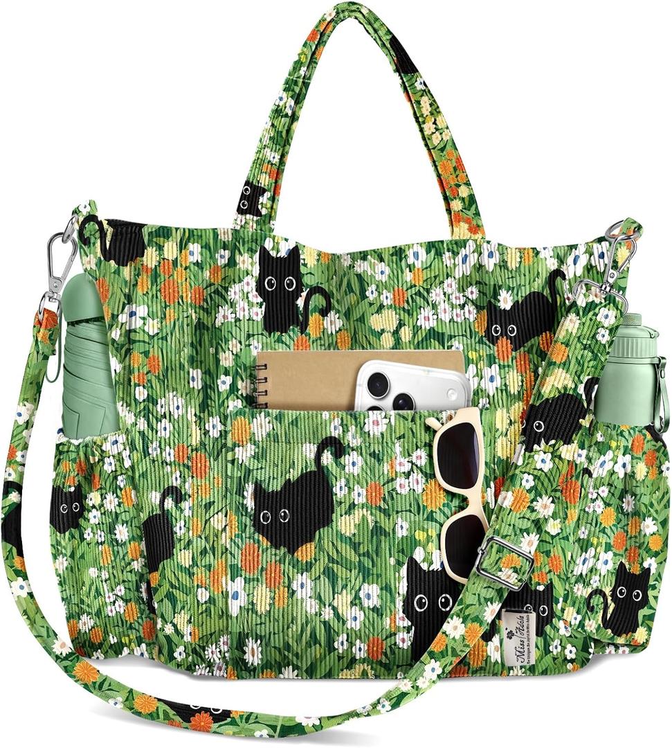 Miss Adola Crossbody Corduroy Tote Bag for Women, Large Tote Bag with Multi-Pockets and Zipper for Travel Work
