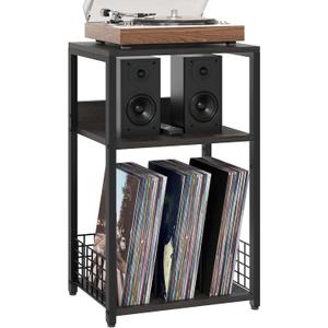 LELELINKY Large Rustic Grey Record Player Stand, 3 Tier 18" Wide Big End Table with Vinyl Storage Up to 130 Albums, Industrial Turntable Printer Tables, Modern Side Tables for Living Room, Office