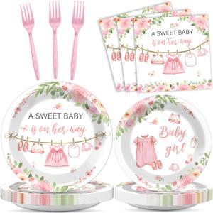 Greenery Baby Shower Plates and Napkins Decorations, Include 20 Plates and 20 Napkins, Watercolor Pink Baby Girl Theme Birthday Party Decorations for Gender Reveal Party Supplies Baby Shower
