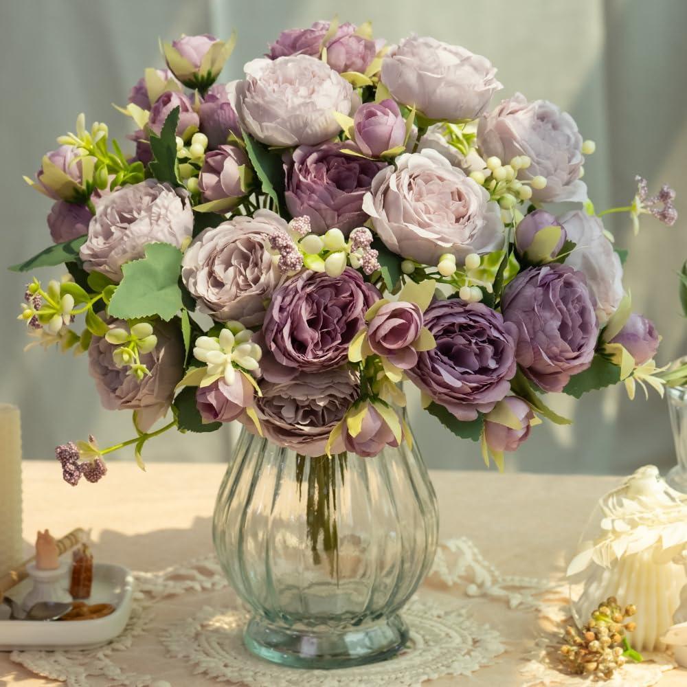 JARELING Artificial Peonies Silk Flowers in Glass Vase Faux Flowers Bouquets Modern Penoy Arrangement 4 Pack for Home Decoration Table Centerpiece (Purple)