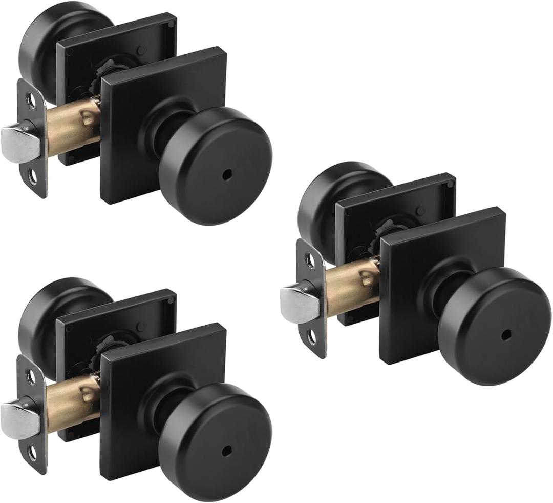 3 Pack Black Interior Door Knobs for Bathroom & Bedroom, Pismo Doorknob Turn Lock with Square Rosette, Heavy Duty Privacy Door Knob with Lock