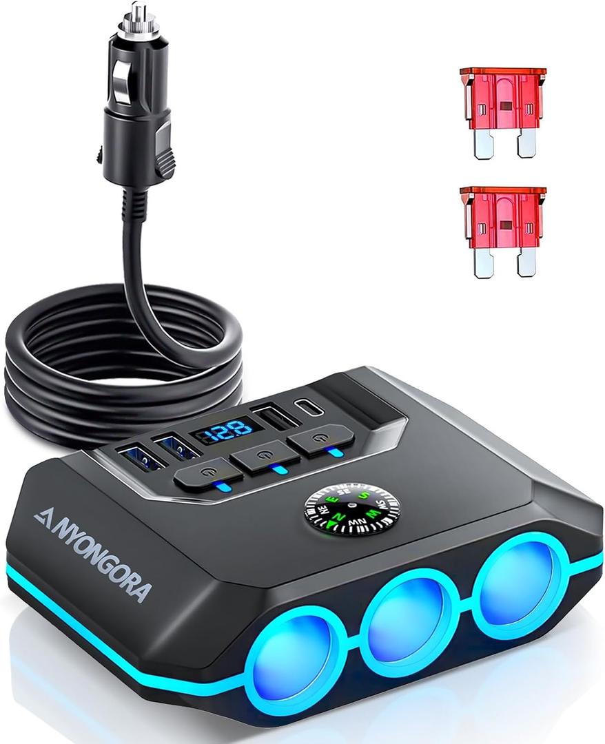 7-in-1 Cigarette Lighter Splitter, 120W Car Charger Adapter with 3 Sockets & Independent Switches, 4 USB Ports (USB-A/USB-C), LED Voltage Display, UL Certified, Built-in Fuse + Spare Fuse