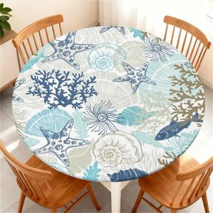 Round Fitted Tablecloth with Elastic Edge for Up to 32"-36" Round Table, Waterproof Tablecover for Camping, Indoor, Outdoor, Holiday, Summer, Starfish