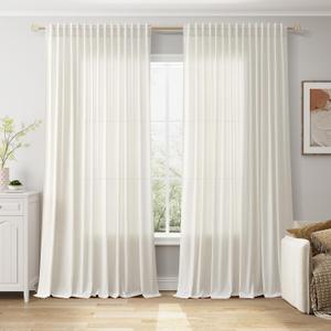 Nanspring Extra Wide 100x96 Inch Linen Curtains for Living Room Divider Light Filtering Semi Sheer Patio Curtains for Sliding Door Natural Coastal Decor Sunroom Floor to Ceiling Window Curtain