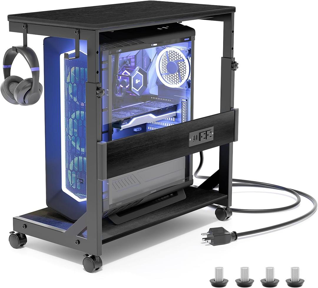 Height Adjustable Computer Tower Stand with Charge Station and USB Charging Port, 2-Tier ATX-Case Cart, Under Desk Mobile PC Stand, CPU Holder Cart with Locking Caster Wheels for Fits Most PC (Black)