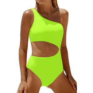 Women's One Piece Swimsuit- One Shoulder Bathing Suit Cutout Tummy Control Swimwear (L, Neon Green)
