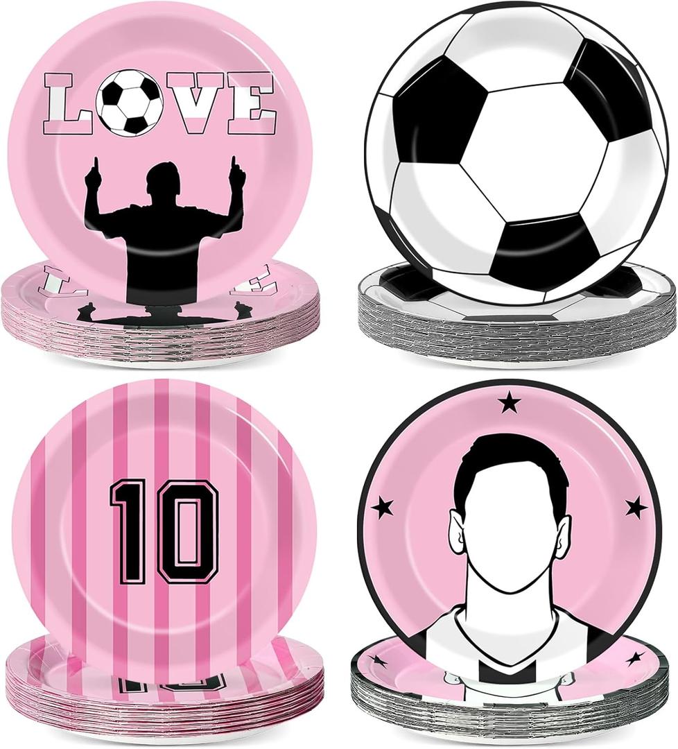 48Pcs Soccer Paper Plates Soccer Star Disposable Dessert Plates Supplies 7Inch Black and Pink Sports Ball Plate Sport Party Dinnerware Decorations for Birthday Baby Shower Party Decorations