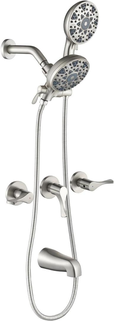 3 Handles Shower Faucet Set with Tub Spout Bathtub Shower Faucet Combo Set Shower System Complete Tub and Shower Trim Kit Brushed Nickel Wall Mounted Shower Fixtures