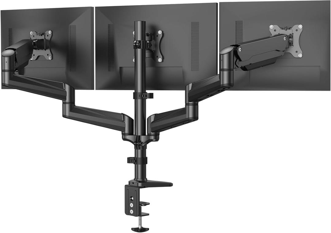 HUANUO Triple Monitor Mount for 17 to 32 inch Screens, Adjustment Gaming Triple Monitor Stand with Swivel, Tilt, Rotation, Clamp & Grommet Kit (Black)