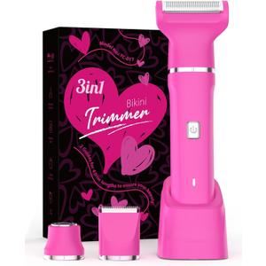 Bikini Trimmer for Women - IPX7 Waterproof Pubic Hair Remover for Shower & Travel, 3-in-1 Bikini Trimmer with Body/Round/Curved Heads, Hypoallergenic Foil & Ceramic Blades, Self-Care Gifts for Women, 3-IN-1 Hot Pink