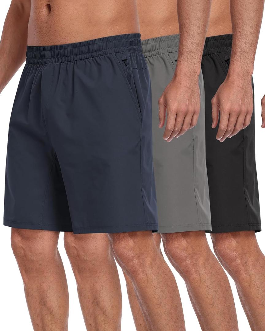 3 Pack Men's Athletic Running Shorts with Zipper Pockets, Quick Dry Gym Workout Basketball Hiking Shorts for Men (Medium, 3 Packs-black/Dark Gray/Navy)