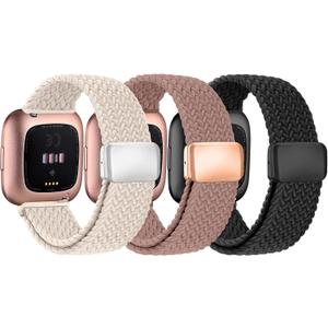 Braided Bands Compatible with Fitbit Versa 2 Bands for Women/Versa/Lite/SE Band, Magnetic Clasp Elastic Fabric Sport Nylon Smartwatch Band for Fitbit Versa2/1/Lite/SE for Women Men (Black/Starlight/Pink Sand)