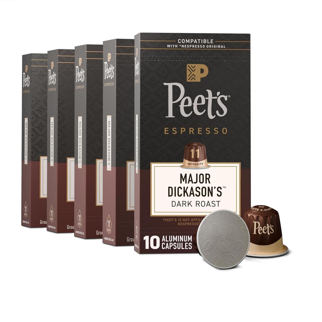Peet's Coffee, Dark Roast Espresso Capsules, Compatible with Nespresso Original Machines, 100% Arabica Coffee - Major Dickason's Blend Intensity 11, 50 Count (5 Boxes of 10 Espresso Capsules) (EXP 05/19/26)