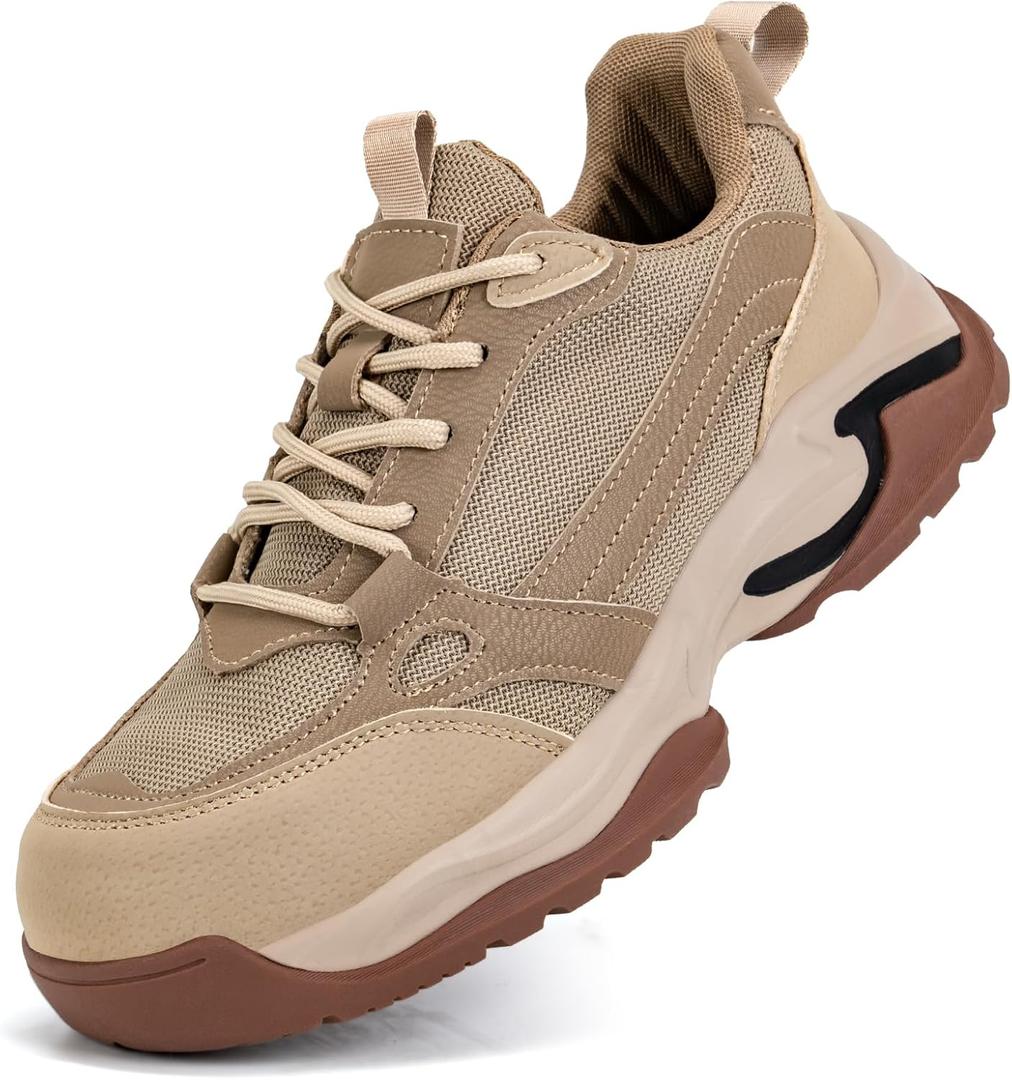 Hogent Steel Toe Shoes for Women Men Wide Non Slip Composite Work Sneakers Indestructible Comfortable Safety Tennis Shoes Lightweight Breathable Construction Sneakers Puncture Proof Ergonomic Design (Tan)