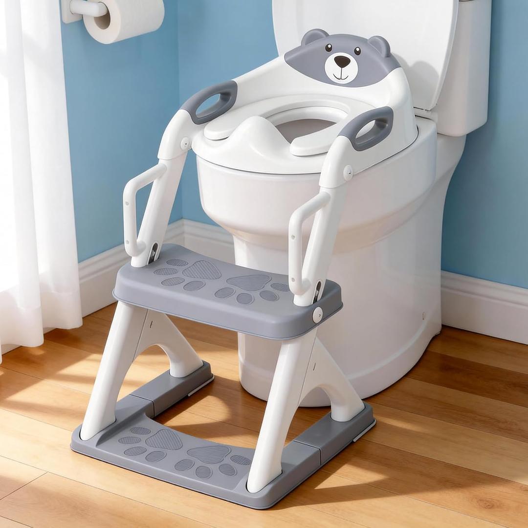 Potty Training Seat with Step Stool Ladder, Toddler Toilet Seat for Boys Girls, Adjustable 6 Heights Fits Round & Elongated Toilets, Anti-Slip Pads & Leak-Proof Guard