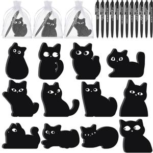Harloon 12sets/36pcs Black Cat Sticky Notes Black Cat Lover Christmas Gifts Include 12 Sticky Notes(360 Sheets) 12 Pen 12 Organza Bag Adhesive Memo Pad Xmas Stocking Stuffer Coworker Office Supplies