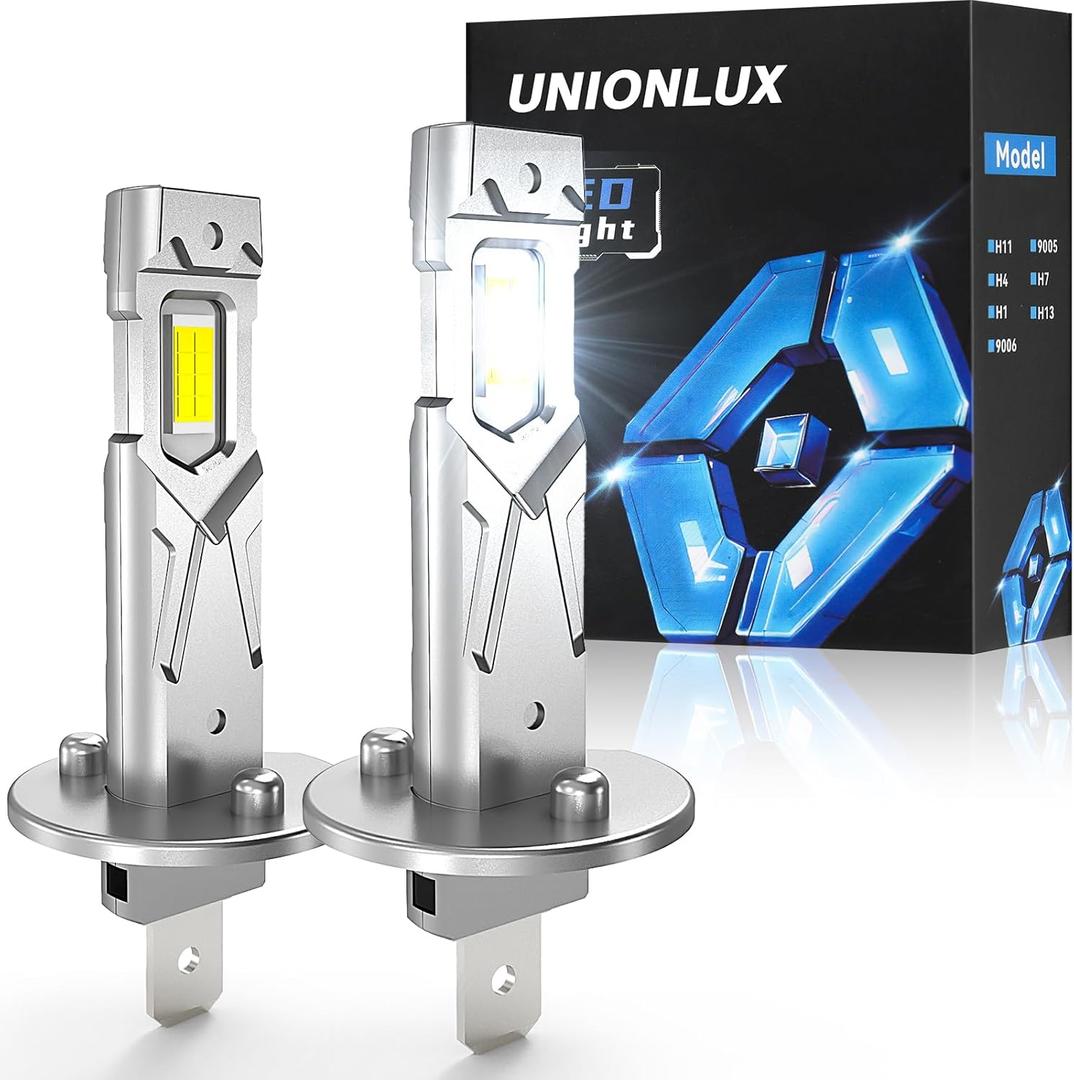 Unionlux Upgraded H1 Bulbs, 500%+35000LM Super Brighter 1:1 Mini Size H1 LED lights, No Adapter Required Easy install, 6500K Cool White, Canbus Ready, Plug and Play, Pack of 2