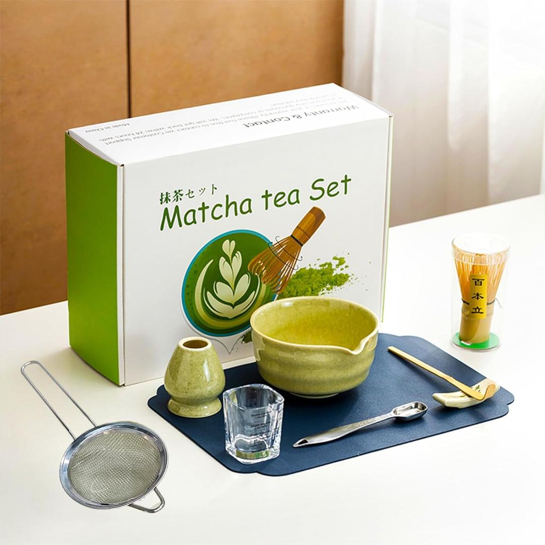 10 Pcs Matcha Whisk Set, Matcha Making Kit, Bowl with Spout, Stainless Steel Sifter, Ceramic Holder, Bamboo Spoon, Measuring Spoon and Cup, Japanese Tea Tools for Tea Ceremony Gift