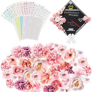 CHENGU 40 Pcs DIY Graduation Cap Decoration Kit Include 18 Assorted Artificial Flower Heads 14 Sheets Glitter Number Letter Stickers 7 Sheets Rhinestone Stickers and Bowknot Ornament for Grad(Pink)