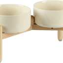Ceramic 7.3inch Raised Double Bowls Set with Wooden Stand, Food & Water Bowls for Medium Breed Dogs, Weighted Dog Dishes, Pet Feeder(Beige)