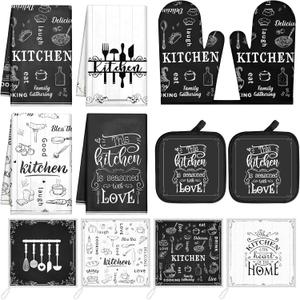 12 Pcs Farmhouse Kitchen Decor Sets, 8 Black and White Kitchen Dish Towels 2 Pot Holders 2 Oven Mitts Glove, Rustic Hand Towels and Dishcloths Sets for Home Decorations Accessories Christmas Mom Gifts